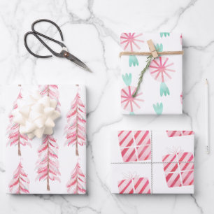 Pink Watercolor Mint Tree Weihnachtswrapping Papie Geschenkpapier Set