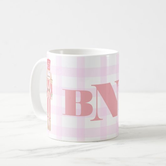 Pink Watercolor Monogram Nutcracker Gingham Winter Kaffeetasse (Vorderseite Links)