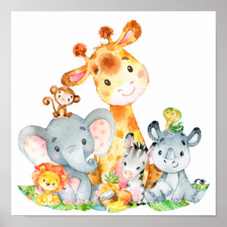 Pink Watercolor Niedlich Safari Jungle Tiere Poster