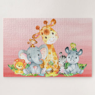 Pink Watercolor Niedlich Safari Jungle Tiere Puzzle