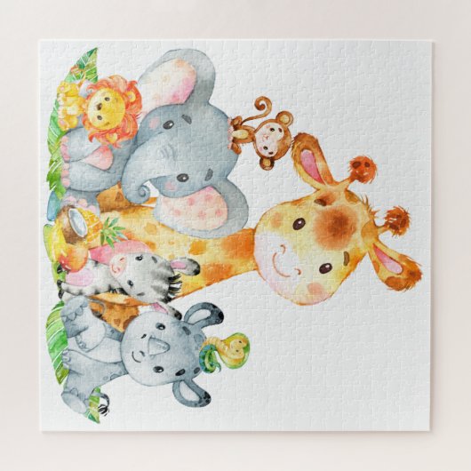 Pink Watercolor Niedlich Safari Jungle Tiere Puzzle (Horizontal)
