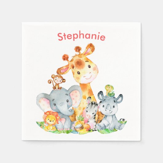 Pink Watercolor Niedlich Safari Jungle Tiere Serviette (Vorderseite)