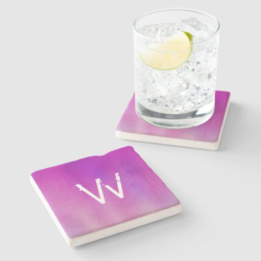 Pink Watercolor Ombre Monogram Steinuntersetzer (Seitenansicht)