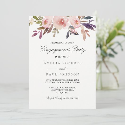 Pink Watercolor Peonies Engagement Party einladen Einladung (Stehend Vorderseite)
