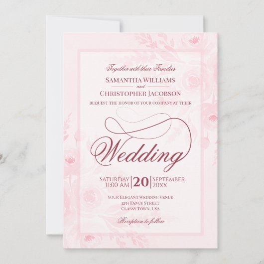 Pink Watercolor Peonies Fancy Script Wedding Einladung (Vorderseite)