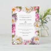 Pink Watercolor Peonies Floral Moderne Hochzeit Einladung (Stehend Vorderseite)