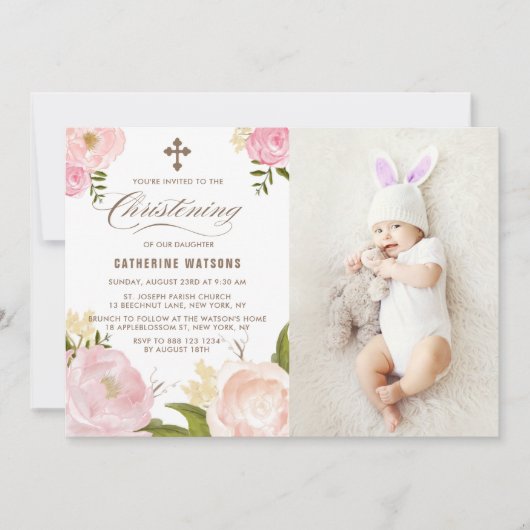 Pink Watercolor Peonies Foto Christine Einladung (Vorderseite)