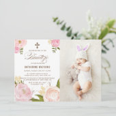 Pink Watercolor Peonies Foto Einladung (Stehend Vorderseite)