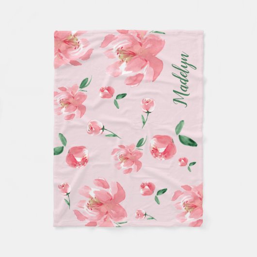 Pink Watercolor Peonies Green Script Individuelle  Fleecedecke (Vorderseite)