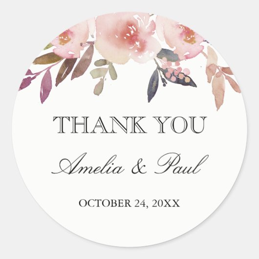 Pink Watercolor Peonies Wedding Danke Sticker (Vorderseite)