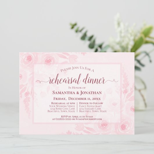 Pink Watercolor Peonies Wedding Rehearsal Dinner Einladung (Stehend Vorderseite)