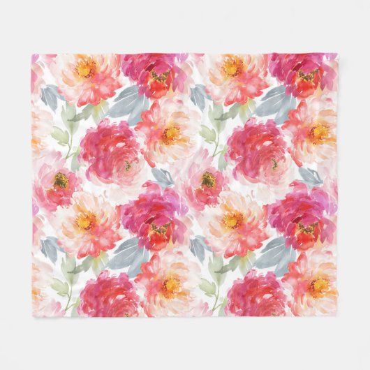 Pink Watercolor Peony Blume Pattern Fleecedecke (Vorderseite (Horizontal))