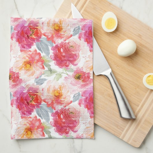 Pink Watercolor Peony Blume Pattern Geschirrtuch (Viertel Falte)