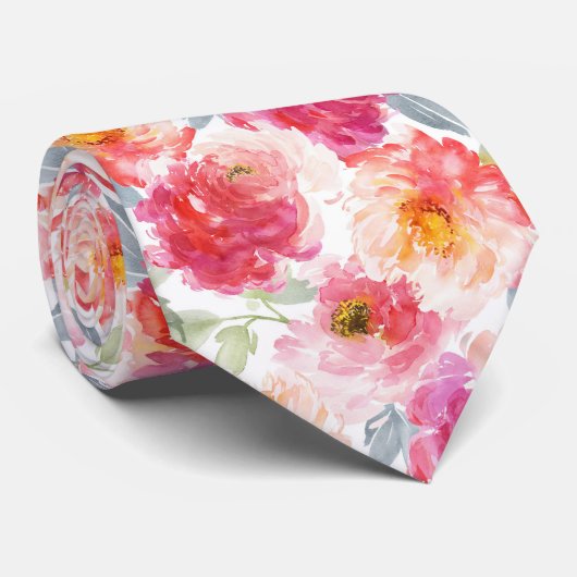 Pink Watercolor Peony Blume Pattern Krawatte (Gerollt)