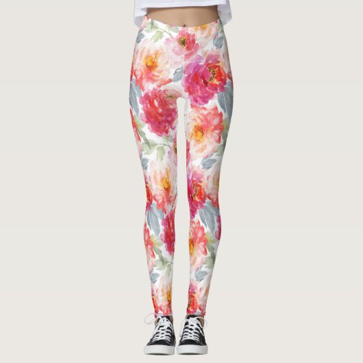 Pink Watercolor Peony Blume Pattern Leggings (Vorderseite)