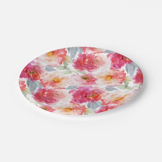 Pink Watercolor Peony Blume Pattern Pappteller (Schrägansicht)