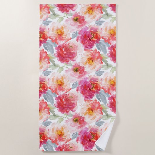 Pink Watercolor Peony Blume Pattern Strandtuch (Vorderseite)