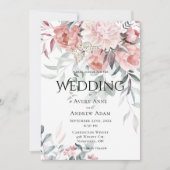 Pink Watercolor Peony Greenerity Wedding Einladung (Vorderseite)