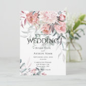 Pink Watercolor Peony Greenerity Wedding Einladung (Stehend Vorderseite)