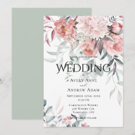 Pink Watercolor Peony Greenerity Wedding Einladung