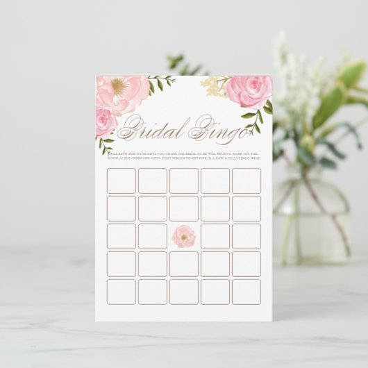 Pink Watercolor Peonys Brautparty Bingo Game Begleitkarte (Stehend Vorderseite)