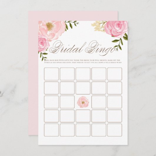 Pink Watercolor Peonys Brautparty Bingo Game Begleitkarte (Vorne/Hinten)