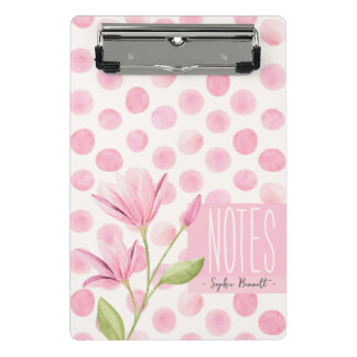 Pink Watercolor Polka Dots & Flowers Mini Klemmbrett