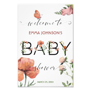 Pink Watercolor Poppies Baby Dusche Willkommen Fotodruck