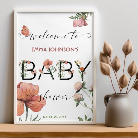 Pink Watercolor Poppies Baby Dusche Willkommen Poster