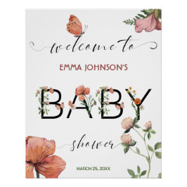 Pink Watercolor Poppies Baby Dusche Willkommen Poster