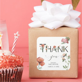 Pink Watercolor Poppies Vielen Dank Quadratischer Aufkleber