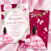 Pink Watercolor Princess Black Hair Quinceanera Einladung