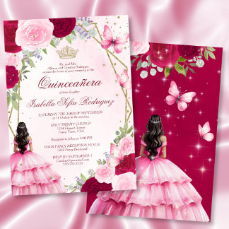 Pink Watercolor Princess Black Hair Quinceanera Einladung