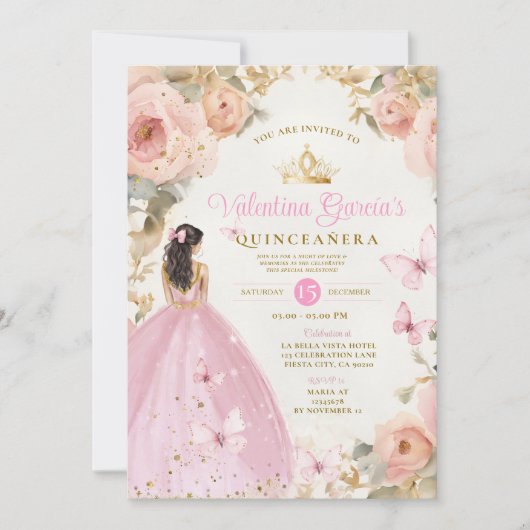 Pink Watercolor Quinceañera 15 Anos Gold Crown Einladung (Vorderseite)