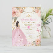 Pink Watercolor Quinceañera 15 Anos Gold Crown Einladung (Stehend Vorderseite)