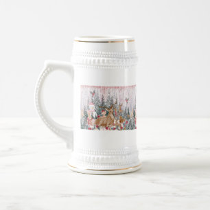 Pink Watercolor Rentier, Snowman Frohe Weihnachten Bierglas