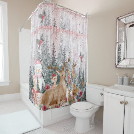 Pink Watercolor Rentier, Snowman Frohe Weihnachten Duschvorhang
