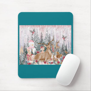 Pink Watercolor Rentier, Snowman Frohe Weihnachten Mousepad