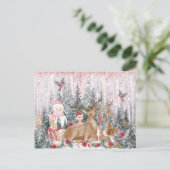 Pink Watercolor Rentier, Snowman Frohe Weihnachten Postkarte (Stehend Vorderseite)