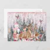 Pink Watercolor Rentier, Snowman Frohe Weihnachten Postkarte (Vorne/Hinten)