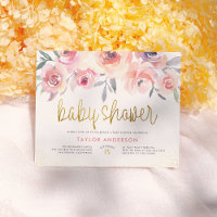 Pink Watercolor Rose Chic Gold Script Baby Dusche