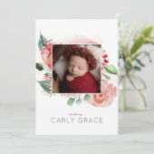 Pink Watercolor Rose Foto Collage Baby Girl Birth Ankündigung (Stehend Vorderseite)