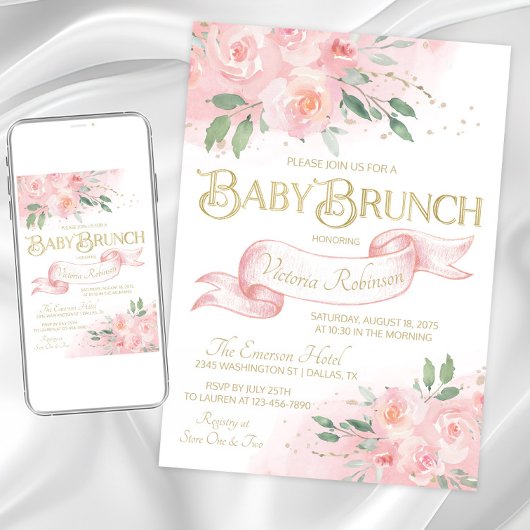 Pink Watercolor Rose Girl Babydusche Brunch Einladung