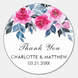 Pink Watercolor Rose Hochzeit Danke Runder Aufkleber