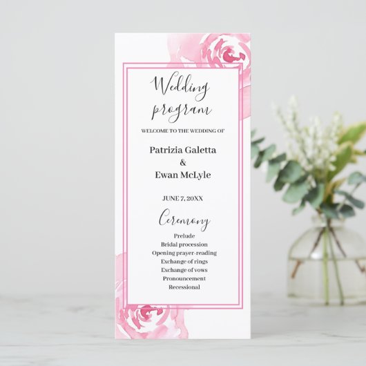 Pink Watercolor Rose Hochzeitsprogramm Flachkarte Programm (Stehend Vorderseite)