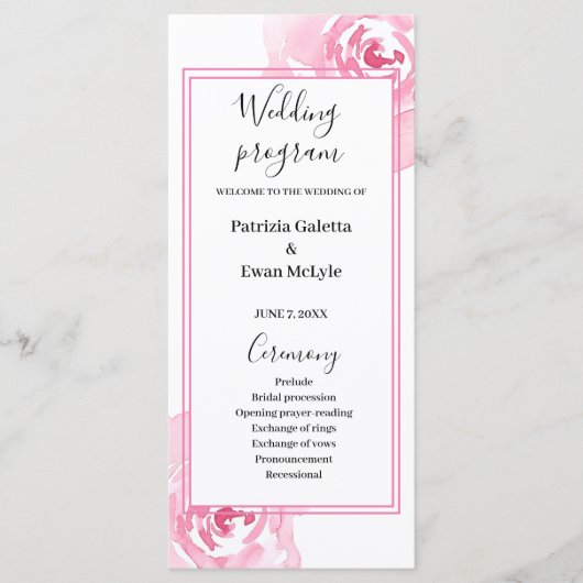 Pink Watercolor Rose Hochzeitsprogramm Flachkarte Programm (Vorderseite)