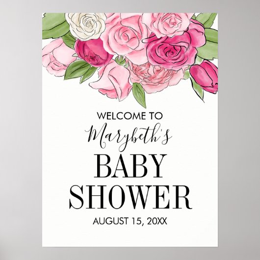Pink Watercolor Rose Kinderdusche Begrüßungspaket Poster (Vorne)