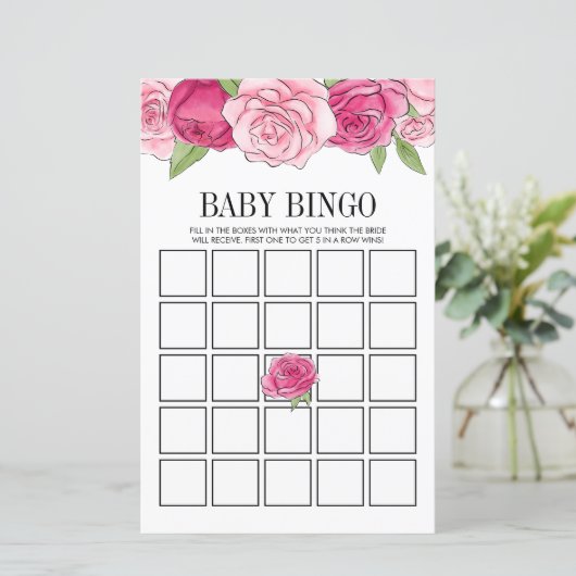 Pink Watercolor Rose Kinderdusche Bingo Spielkarte (Stehend Vorderseite)