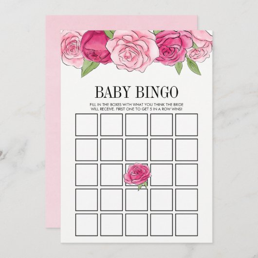 Pink Watercolor Rose Kinderdusche Bingo Spielkarte Einladung (Vorne/Hinten)