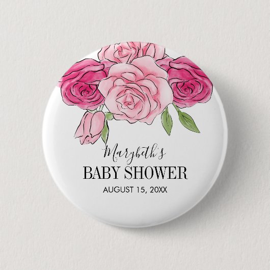 Pink Watercolor Rose Kinderdusche Button (Vorderseite)
